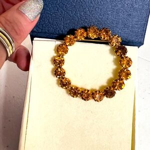Vintage Citrine/ Topaz Crystal Rhinestone Circle Brooch Sphere Gold Tone Pin